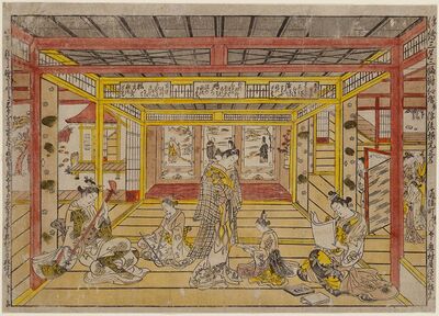 Perspective Picture of a Triptych of the Three Evening Poems by Okumura Masanobu