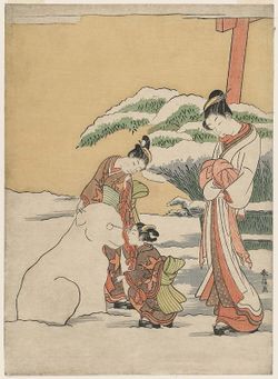 Courtesan Watching Two Kamuro Make a Snow Dog by Suzuki Harunobu